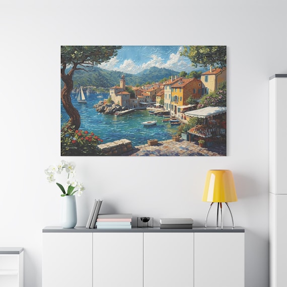 Scenic Mediterranean Harbor Canvas Print - Italian Coastal Village Art - Impasto Style Decor - Bell Tower Landscape - Ocean View Painting