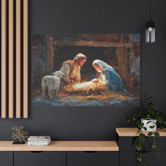 Nativity Scene Canvas Print - Holy Family Wall Art - Impasto Christmas Decor - Baby Jesus Manger Canvas - Christian Art - Religious Decor