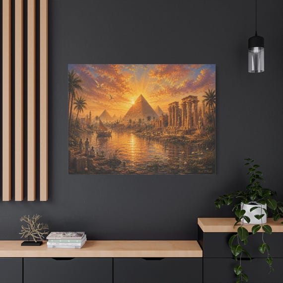 Ancient Egypt Canvas Print - Pyramids of Giza Wall Art - Nile River Sunset Canvas -  Historical Decor - Golden Landscape Art  Description: