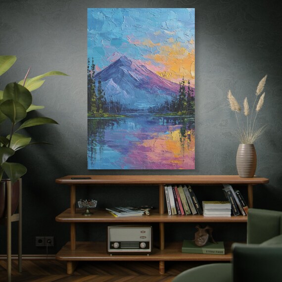 Alpenglow Mountain Canvas Print, Impasto Lake Landscape Art
