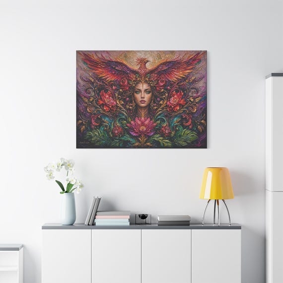 Phoenix Goddess Canvas Print - Floral Fantasy Wall Art - Mythical Woman Portrait - Maximalist Impasto Decor - Vibrant Botanical Art