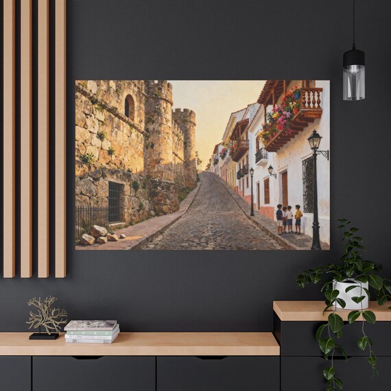 Colonial Streetscape Canvas: Vintage Wall Art, Scenic Landscape