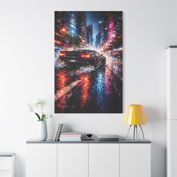 Neon Sports Car Canvas Print - Exotic Auto Wall Art - Impasto City Street Print - Man Cave Decor - Cyberpunk Car Art - Racing Fan Gift