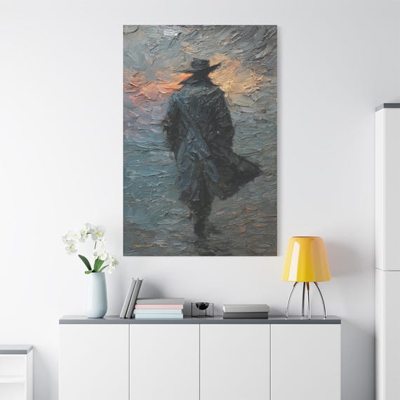Lone Figure Canvas Print - Moody Sunset Wall Art - Impasto Man in Hat Print - Film Noir Decor - Masculine Office Art - Detective Print