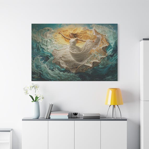 Ethereal Ocean Goddess Canvas - Impasto Sea Wave Art - Coastal Wall Decor - Mythological Woman Print - Teal and Gold Art - 3D Look