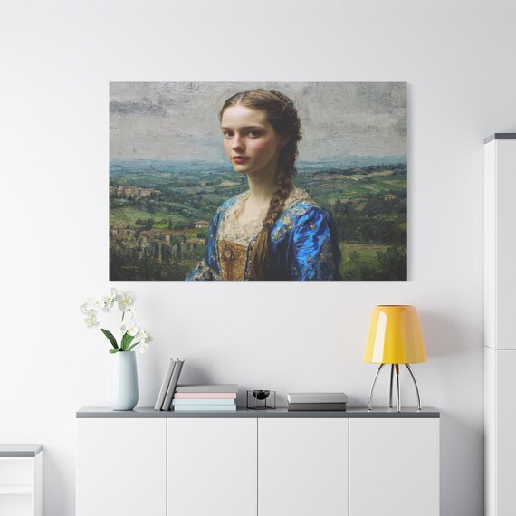 Classical Woman Portrait Canvas - Renaissance Girl Print - Pastoral Landscape Wall Art - Vintage Blue Dress - Impasto Fine Art Print