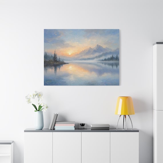 Frozen Lake Canvas Print - Snowy Mountain Forest Wall Art - Heavy Impasto Winter Sunset Print - Cozy Cabin Decor - Arctic Wilderness Art