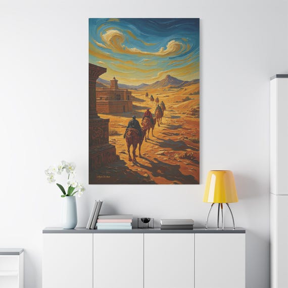 Desert Caravan Canvas Print - African Heritage Wall Art - Impasto Camel Painting - Moroccan Boho Decor - Swirling Sky Art - Nomadic Print