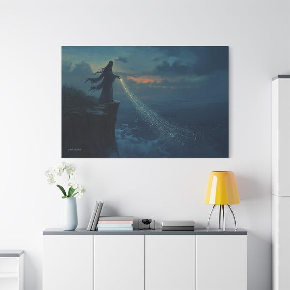 Celestial Creator Canvas - Fantasy Art Print - Casting Stars Print - Magic Ocean Landscape - Spiritual Wall Decor - Midnight Blue Art