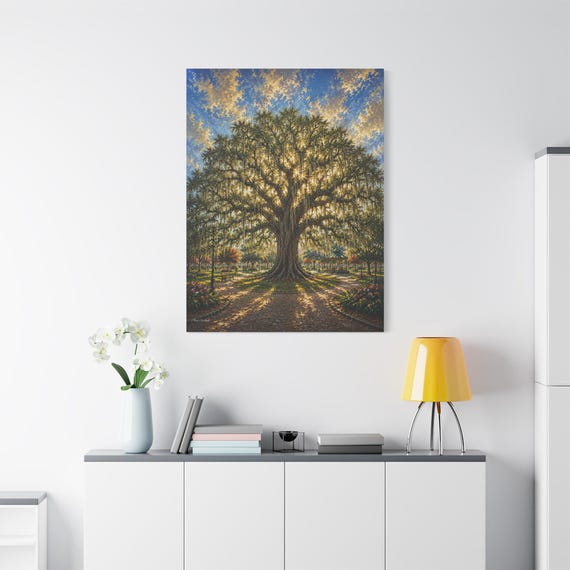 Majestic Oak Tree Canvas Print - Southern Park Landscape - Impasto Nature Wall Art - Golden Hour Decor - Vintage Style Botanical Print