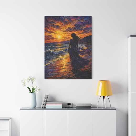 Coastal Sunrise Canvas Print - Lady on the Beach Wall Art - Heavy Impasto Ocean Print - Purple and Gold Decor - Impressionist Fine Art