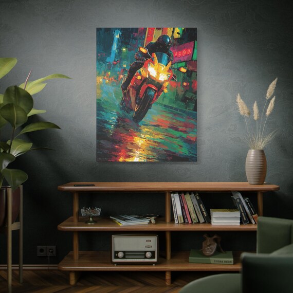Vibrant Motorcycle Art Print: Midnight Drift Canvas Wall Decor
