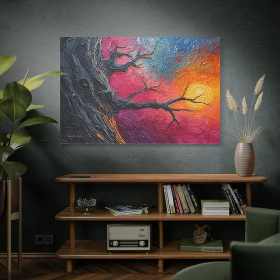 Eruption of the Last Sunset, Sunset Tree Canvas Print, Textured Painting, Abstract Tree, Office Wall Art, Boho Home Decor, Modern Wall Art.