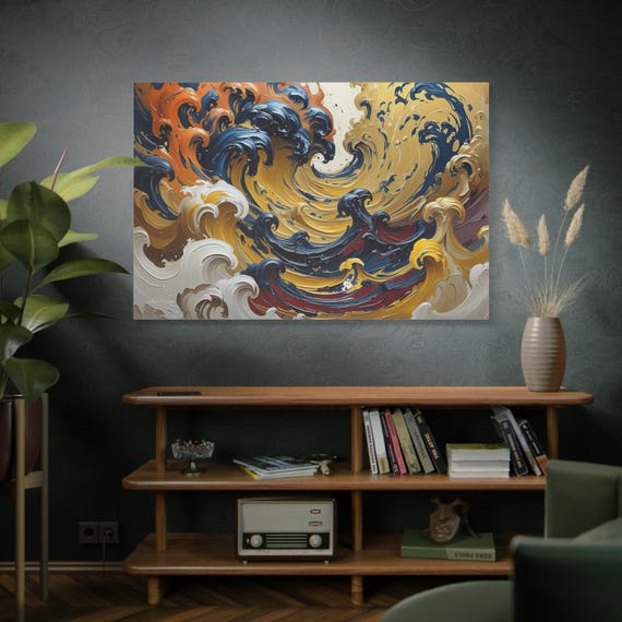 Indigo & Gold Tempest, Abstract Swirling Ocean Waves Matte Canvas, Modern Decor, Boho Home Decor, Gallery Print, Contemporary Art.