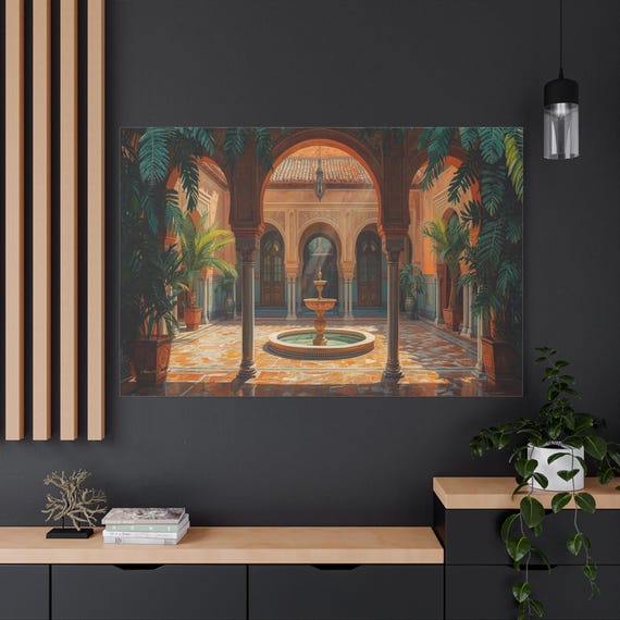 Arabian Courtyard Canvas Print - Moroccan Architecture Art - Impasto Style Archway Print - Boho Travel Decor - Warm Mediterranean Wall Art