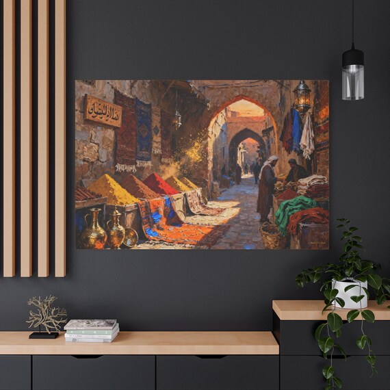 El Souk, Artistic Stretched Canvas Print, Colorful Market Scene Wall Art for Home decor, Gifts for Art Lovers, Bohemian Style Decor