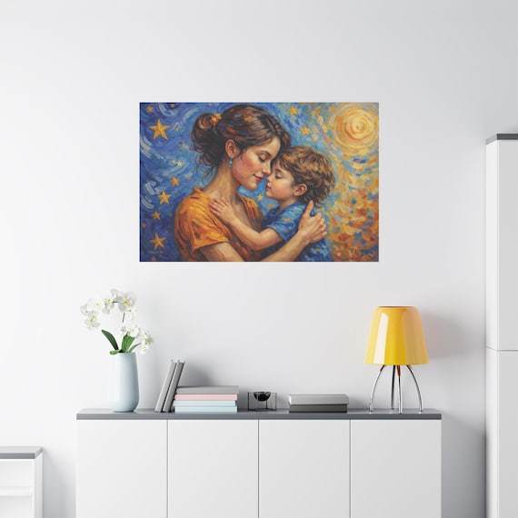Mother and Child Canvas Print - Impasto Motherhood Wall Art - Van Gogh Style Family Canvas - Starry Night Nursery Decor - New Mom Gift