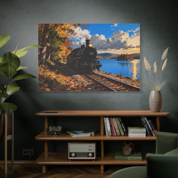 Vintage Steam Train Canvas Print - Autumn Lake Landscape -Impasto Style Locomotive Art - Fall Foliage Decor - Train Lover Gift  Description: