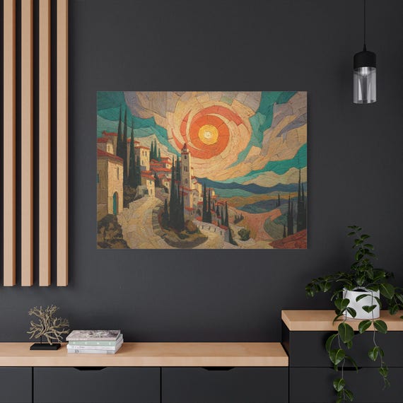 Tuscan Village Canvas Print - Mosaic Impressionist Art - Swirling Sun Landscape - Mediterranean Wall Decor - Impasto Italian Town - Boho Art