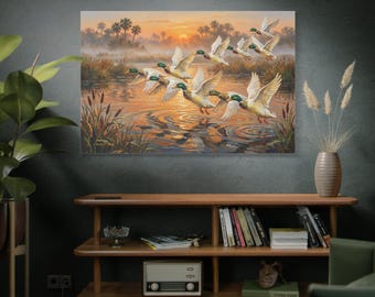 Coastal Dawn Flight, Mallard Ducks at Sunset Matte Canvas Print. Wildlife Canvas Print, Sunrise Landscape, Marsh Scene Art, Ducks in Flight.