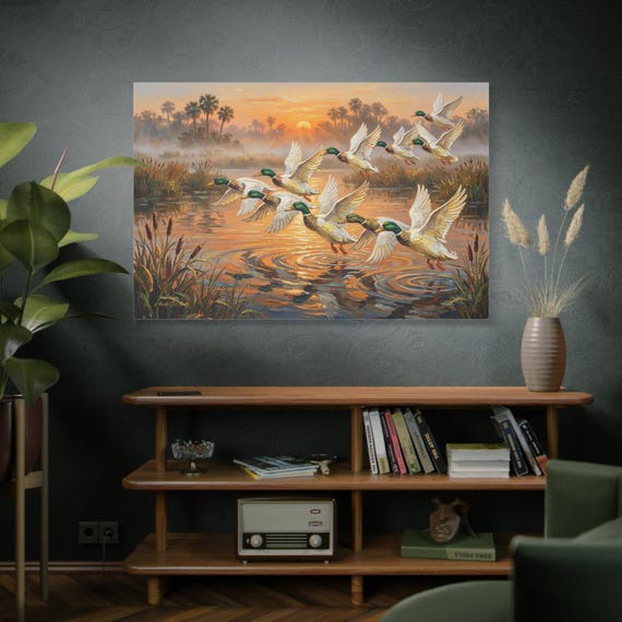 Coastal Dawn Flight, Mallard Ducks at Sunset Matte Canvas Print. Wildlife Canvas Print, Sunrise Landscape, Marsh Scene Art, Ducks in Flight.