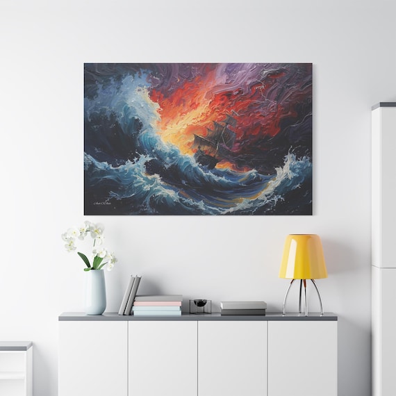 Ship in Storm Canvas Print - Dramatic Seascape Art - Impasto Ocean Print - Nautical Wall Decor - Sailing Ship Print - Man Cave Art
