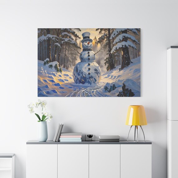 Classic Snowman Canvas Print - Whimsical Winter Wall Art - Impasto Style Christmas Decor - Snowy Forest Painting - Holiday Home Decoration