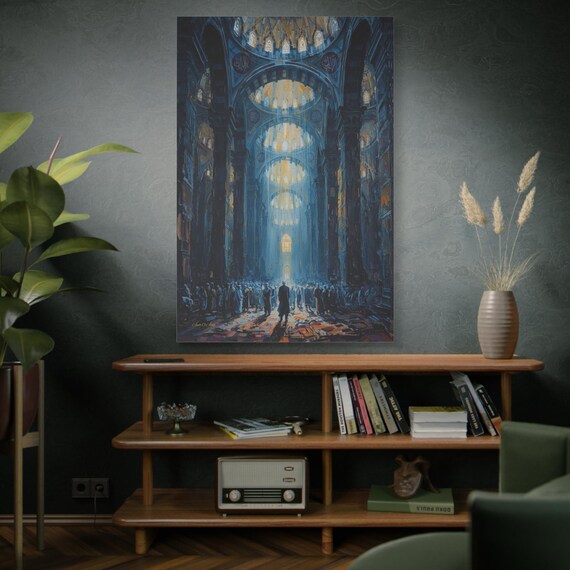 Grand Mosque Interior Canvas Print -Islamic Architecture Art - Impasto Spiritual Print - Blue & Gold Religious Decor - Sacred Space Wall Art