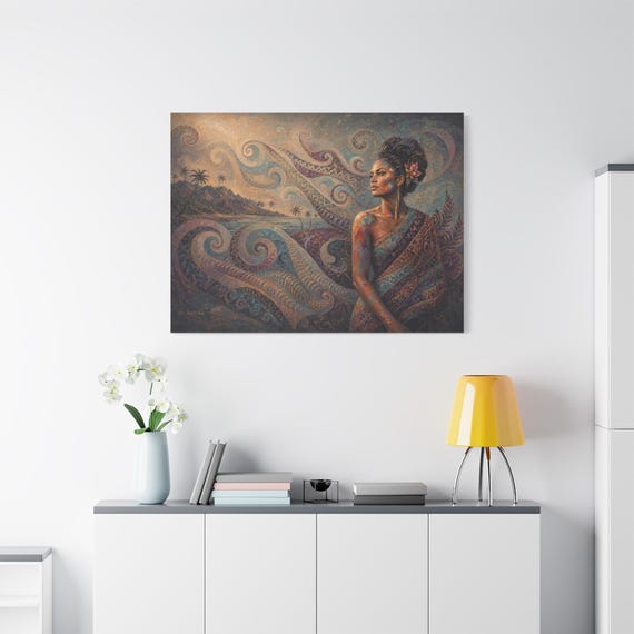 Tropical Island Woman Canvas Print - Coastal Impasto Wall Art - Polynesian Portrait Decor - Swirling Ocean Landscape - Boho Beach Art
