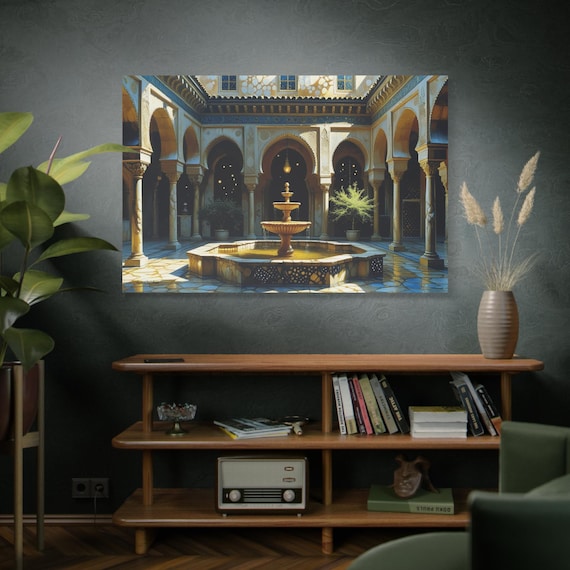 Courtyard of the Caliph, Courtyard Fountain Canvas Print| Stretched Matte Wall Art, Fountain Art, Architectural Art, Entry Decor.