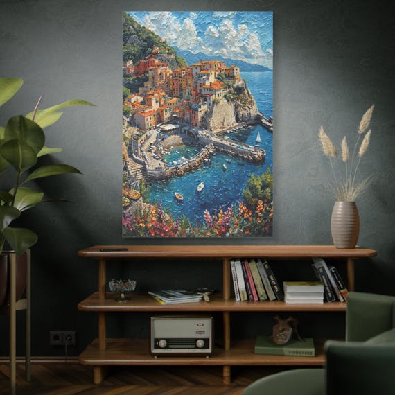 Italian Cliffside Village Canvas Print - Cinque Terre Style Wall Art, Impasto Coastal, Mediterranean Harbor Painting - Colorful Travel Decor