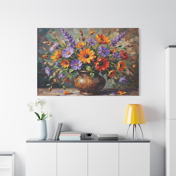 Rustic Floral Canvas Print - Impasto Flower Bouquet Art - Sunflower & Purple Bloom Print - Vintage Still Life - Cottagecore Wall Decor