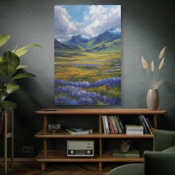 Canvas Print, Lupine & Gold Field, Stretched Canvas Home Decor Wall Art, Floral Nature Painting, Botanical Print.