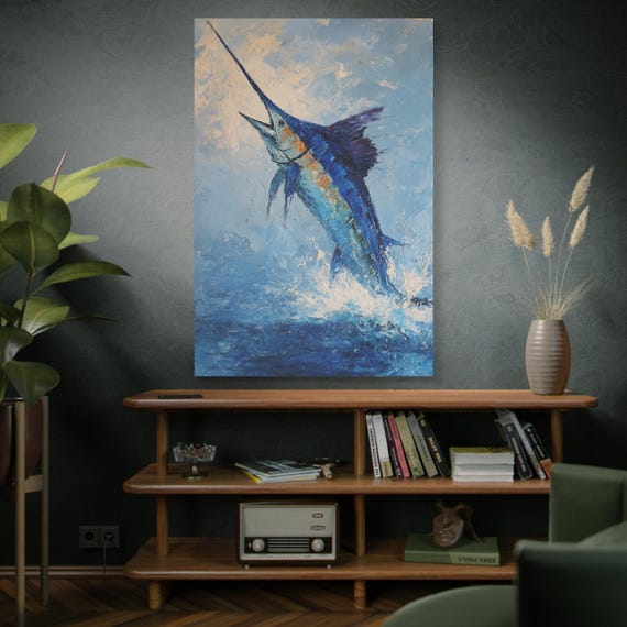 Azure Leap, Life Canvas Wall Art, Stretched Fish Painting, Coastal Decor, Nautical Home Decor, Gift for Fisherman, Ocean Themed Art