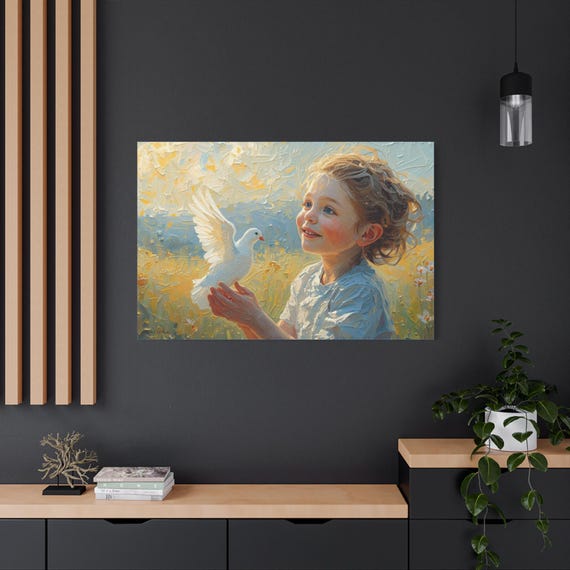 Dawn of Peace, Whimsical Canvas Art Print, Kids Room Decor, Bird Lover Gift, Inspirational Wall Art, Playful Home Decor