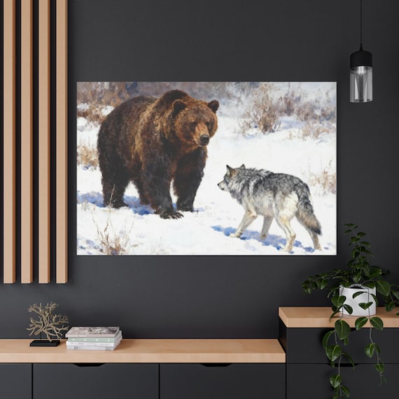 Bear and Wolf Canvas Art: Rustic Wildlife Print, Cabin Decor