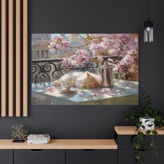Sleeping Kitten Canvas Print - Paris Balcony Art - Cherry Blossom Spring Decor - Impasto Cat Print - Tea Cup Wall Art - Coquette Decor