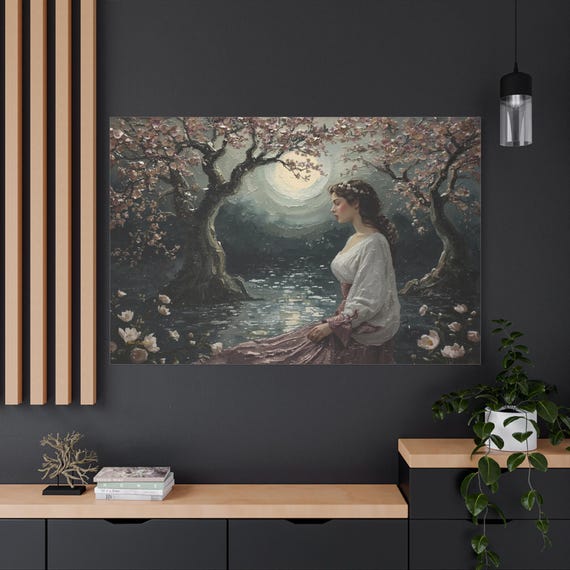 Moonlit Beauty Canvas Print - Romantic Woman Portrait - Impasto Night Landscape - Fairy Tale Wall Art - Ethereal Cottagecore Decor