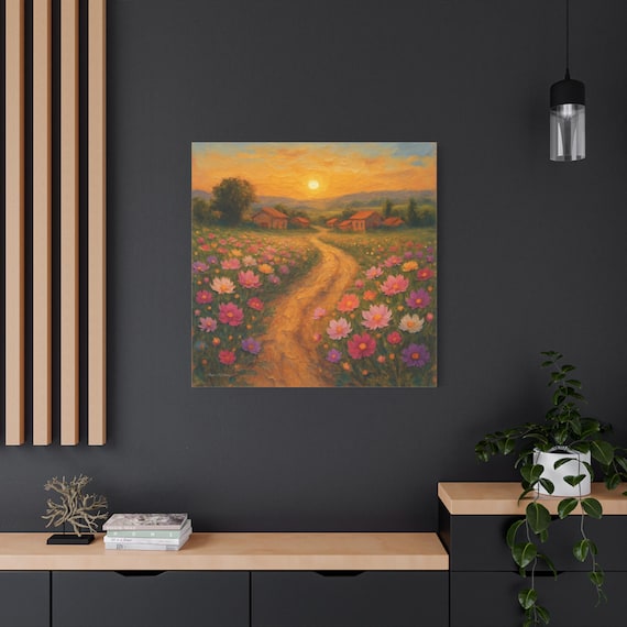 The Homeward Path,  Country Path Canvas Print, Floral Field Wall Art, Country Decor, Rustic Wall, Living Room Decor, Sunset Art.
