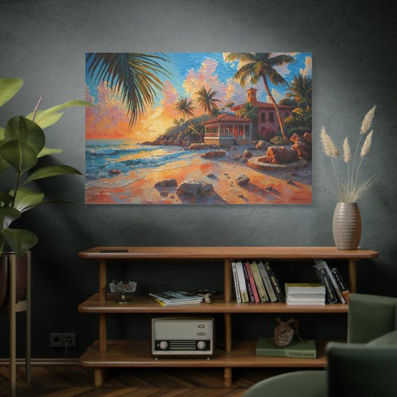 Secluded Mexican Villa Sunset Canvas Print - Tropical Beach Gazebo Art - Impasto Coastal Landscape-Pink and Orange Sky - Romantic Home Decor