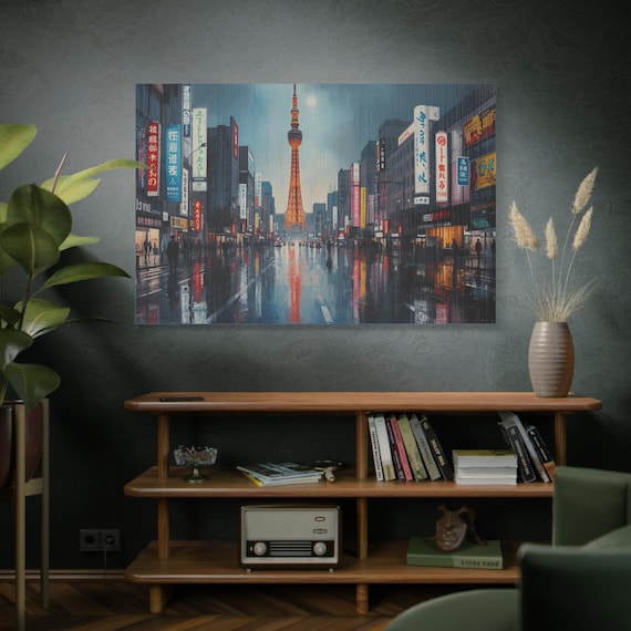 Tokyo Rainy Night Canvas Art: Cityscape Illustration