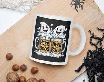 Here For Boos Halloween Coffee Mug: Funny Ghost Pun Ceramic Cup
