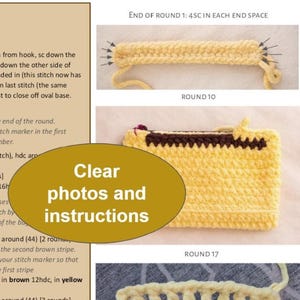 May include: A crochet pattern document featuring text instructions and three instructional photographs. The images show a yellow yarn base, a yellow pouch with a brown zipper, and a yellow crocheted edge with holes for a drawstring, labeled with text.