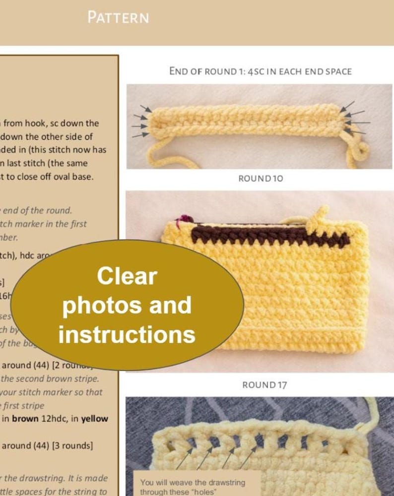 May include: A crochet pattern document featuring text instructions and three instructional photographs. The images show a yellow yarn base, a yellow pouch with a brown zipper, and a yellow crocheted edge with holes for a drawstring, labeled with text.