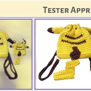 May include: Two yellow and brown crocheted drawstring bags with long brown straps, featuring two brown horizontal stripes on the front, brown-tipped ears, and a yellow and brown lightning bolt-shaped tail. The text Tester Appreciation is visible.