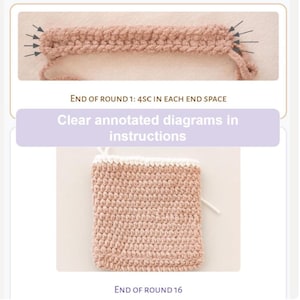 May include: A crochet tutorial graphic featuring two images of dusty pink yarn work. The top image shows a rectangular piece with arrows pointing to the ends, labeled "End of round 1: 4sc in each end space." The bottom image shows a square piece.