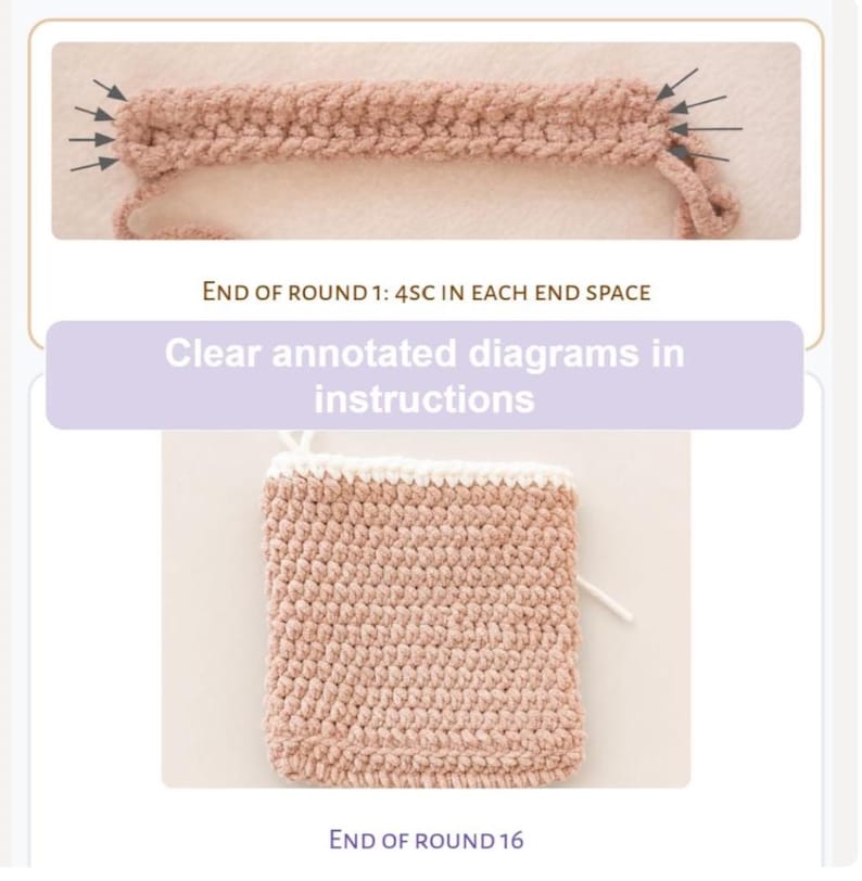 May include: A crochet tutorial graphic featuring two images of dusty pink yarn work. The top image shows a rectangular piece with arrows pointing to the ends, labeled "End of round 1: 4sc in each end space." The bottom image shows a square piece.