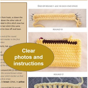May include: A crochet pattern document featuring text and three instructional images. The images show a yellow yarn base, a yellow pouch with a brown zipper area, and a yellow crochet section with holes for a drawstring. Text includes "PATTERN", "Clear photos and instructions", and "You will weave the drawstring through these holes".