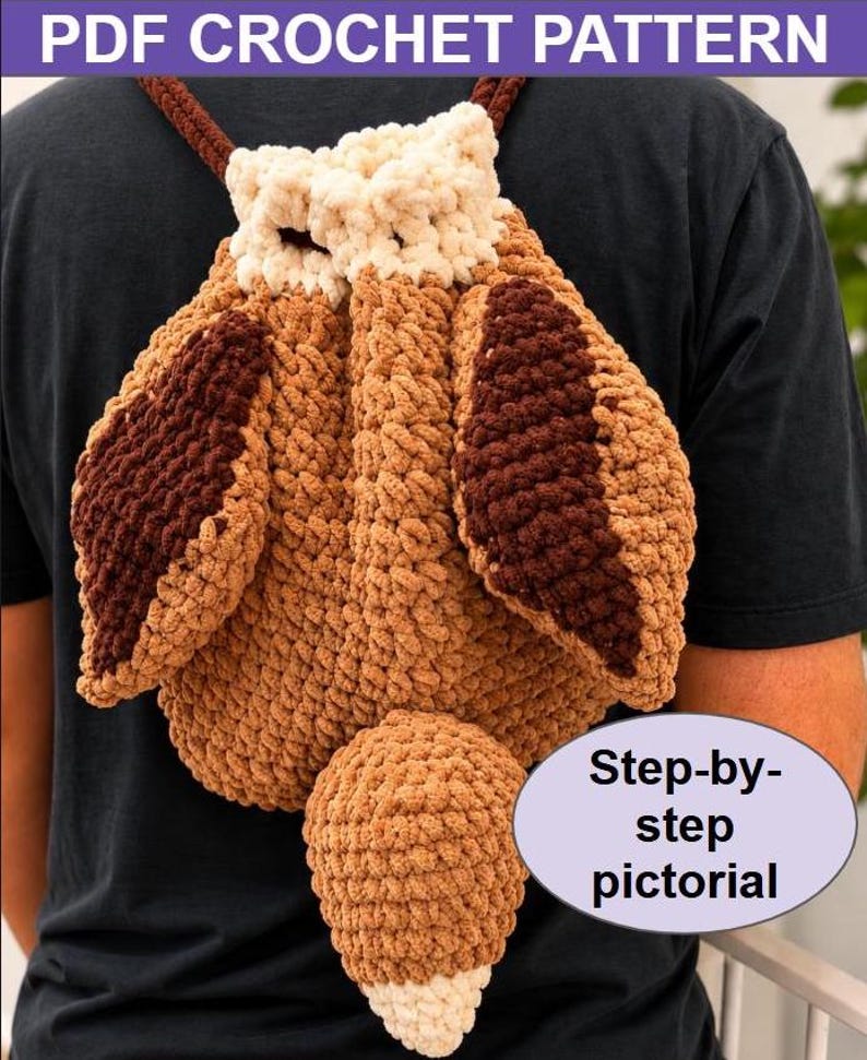 May include: A crochet pattern for a backpack shaped like an owl, featuring thick, textured yarn in shades of cream, light brown, and dark brown. The design includes prominent ear tufts, large wings, and a tail. Text reads PDF CROCHET PATTERN and Step-by-step pictorial.