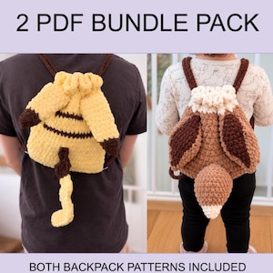 May include: A 2 PDF BUNDLE PACK featuring two crochet backpacks. One is yellow with brown accents and a tail, the other is brown and tan with large ears and a tail. BOTH BACKPACK PATTERNS INCLUDED. The designs feature drawstring closures and shoulder straps.